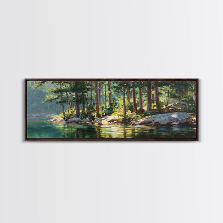 Sunlit Pine Lake Shore Wall Art, Forest Landscape Canvas Print, Nature Wall Decor, Cabin Decor, Large Horizontal Art, Living Room Decor