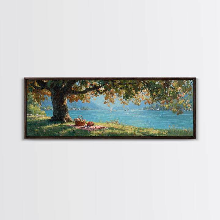 Lakeside Picnic Under Autumn Oak Canvas Print, Coastal Landscape Wall Art, Serene Nature Decor, Living Room Art, Housewarming Gift