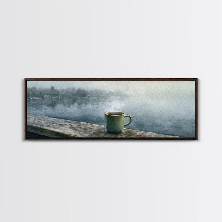 Steaming Coffee Mug On Misty Lake Wall Art, Cozy Cabin Decor, Coffee Bar Print, Rustic Kitchen Art, Serene Morning Landscape