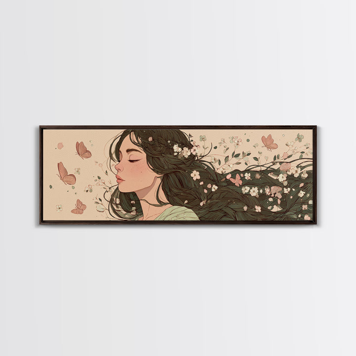 Dreamy Woman With Flowing Hair And Blossoms Canvas Print, Feminine Wall Art, Whimsical Botanical Bedroom Decor Gift For Her