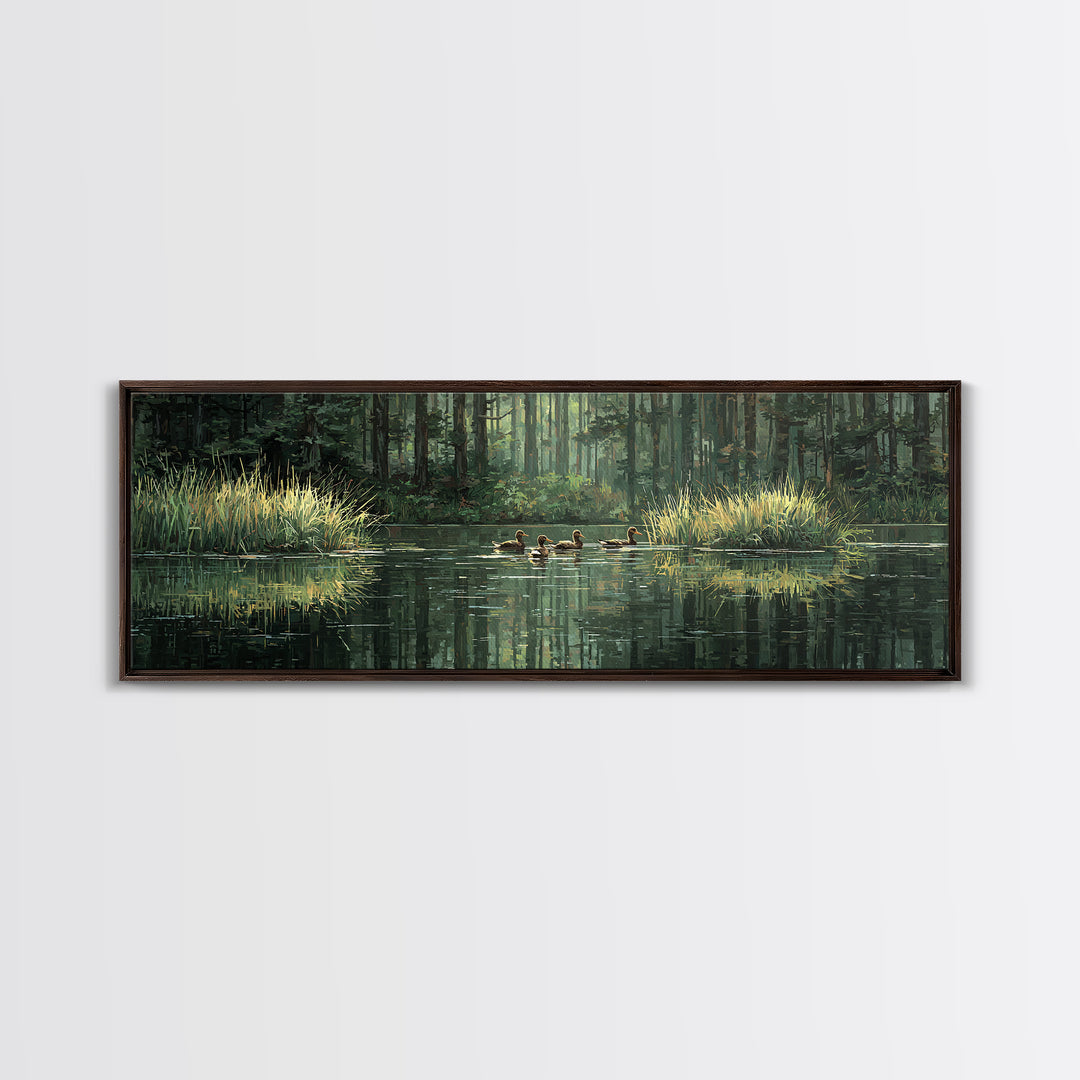 Quiet Forest Pond With Ducks Framed Canvas Print, Nature Wall Art, Rustic Cabin Decor, Green Landscape For Living Room Decor