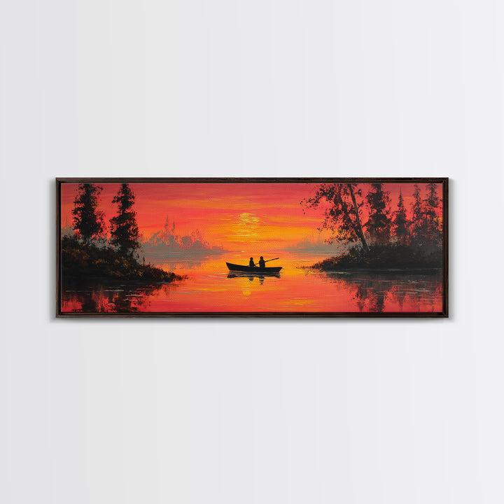 Orange Sunset Canoe Lake Wall Art, Romantic Nature Painting, Cabin Wall Art, Rustic Home Decor, Living Room Landscape Print