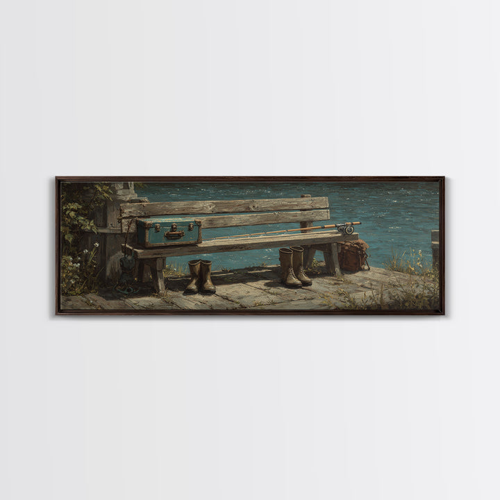Weathered Lakeside Bench With Boots Canvas Print, Rustic Lake House Wall Art, Fishing Cabin Decor, Moody Landscape Gift For Him