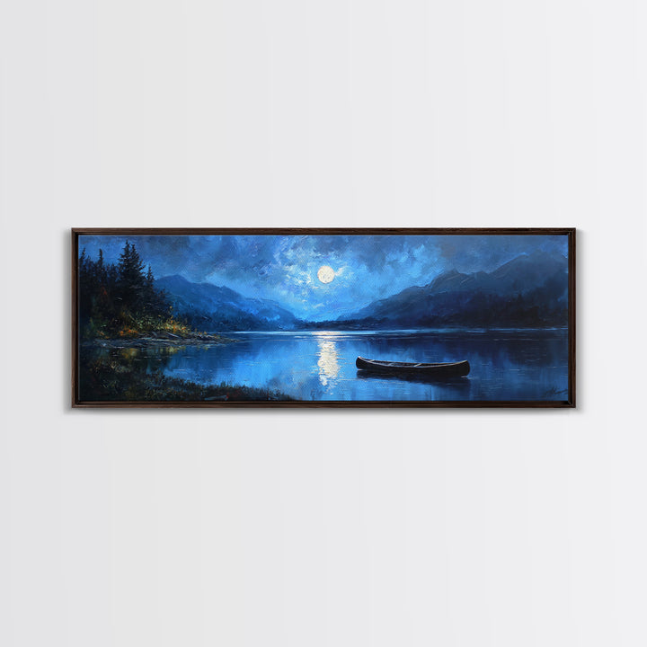 Moonlit Blue Lake Canoe Canvas Print, Moody Landscape Wall Art, Mountain Lake Decor, Cabin Wall Decor, Peaceful Nature Art