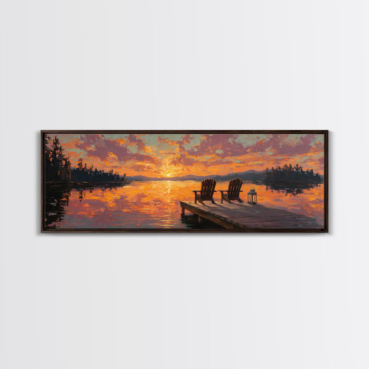 Sunset Lake Dock Chairs Wall Art, Panoramic Cabin Decor, Rustic Lake House Canvas Print, Above Bed Living Room Decor Gift