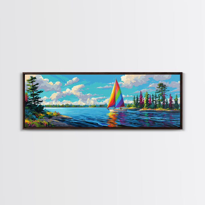 Rainbow Sailboat On Blue Lake Canvas Print, Colorful Wall Art, Coastal Decor, Nautical Poster, Lake House Living Room Art