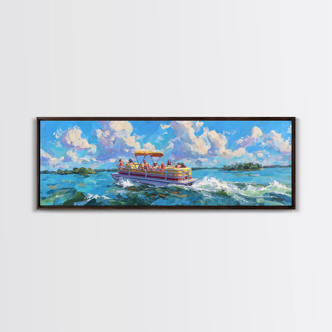 Colorful Pontoon Boat Lake Canvas Print, Coastal Wall Art, Summer Beach Decor, Nautical Landscape, Large Living Room Art