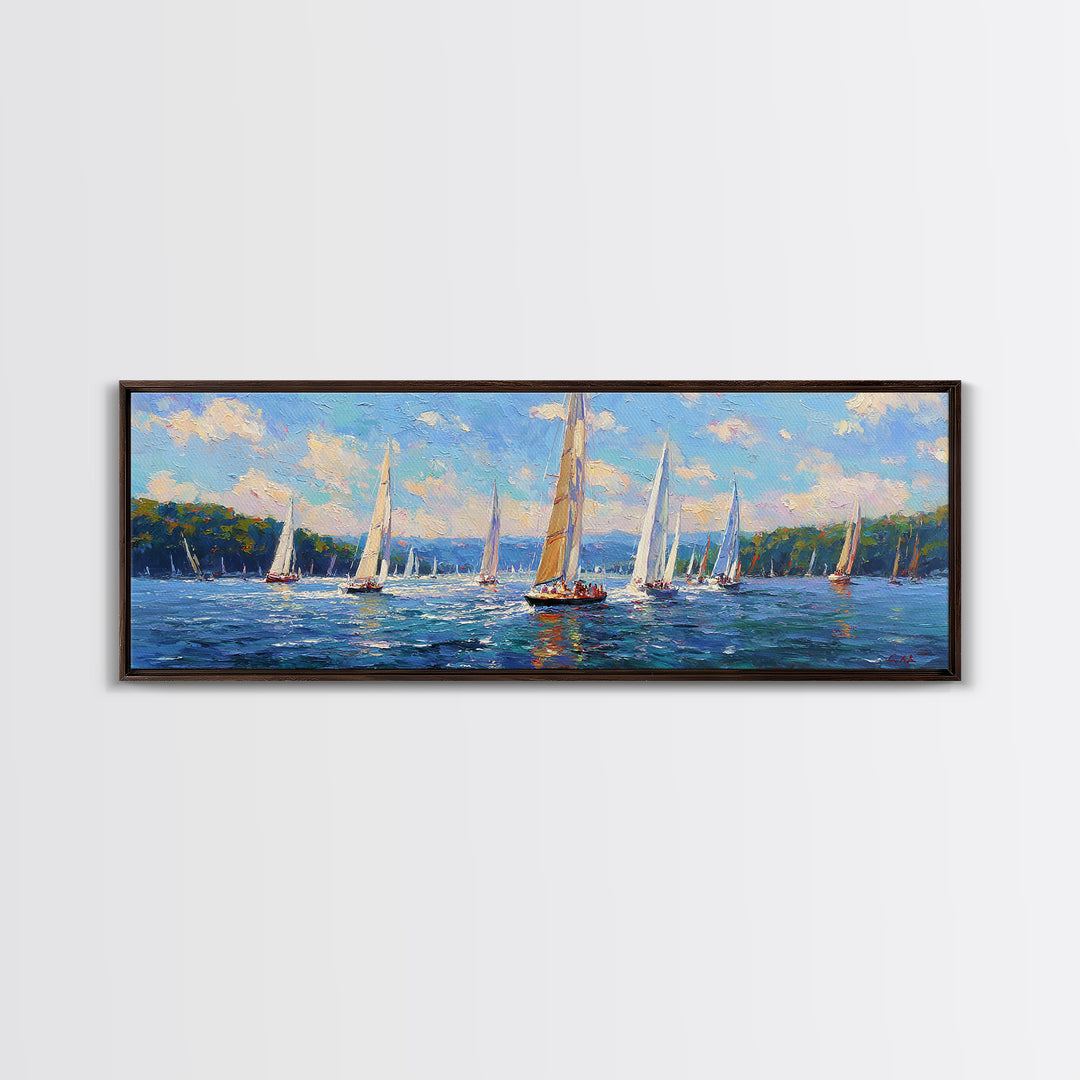 Impressionist Sailboat Regatta Canvas Print, Lake Seascape Wall Art, Nautical Coastal Decor For Living Room And Lake House Decor