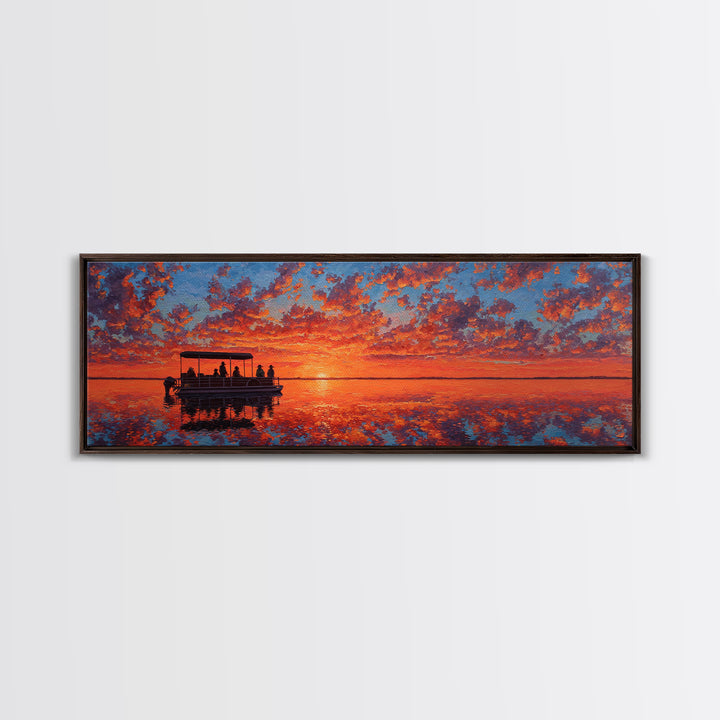 Pontoon Boat On Fiery Sunset Lake Wall Art, Orange Seascape Canvas Print, Nature Decor, Large Landscape Art, Gift For Her