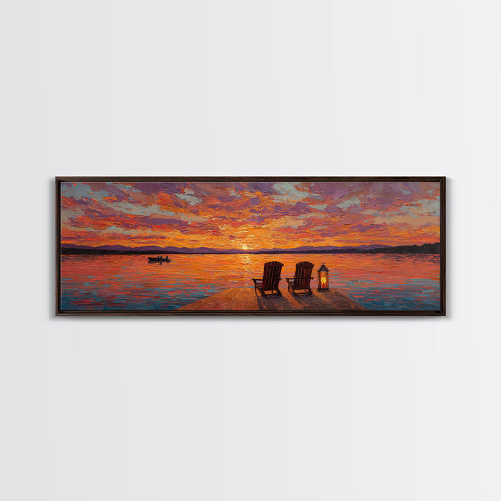 Sunset Dock With Adirondack Chairs Framed Canvas Print, Lake House Wall Art, Colorful Seascape Decor, Romantic Cabin Gift