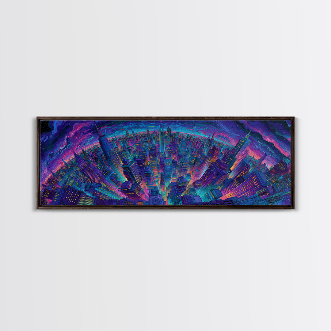 Neon Cyberpunk City Skyline Framed Canvas Print, Futuristic Wall Art, Sci Fi Wall Decor, Gaming Room Art, Urban Home Decor
