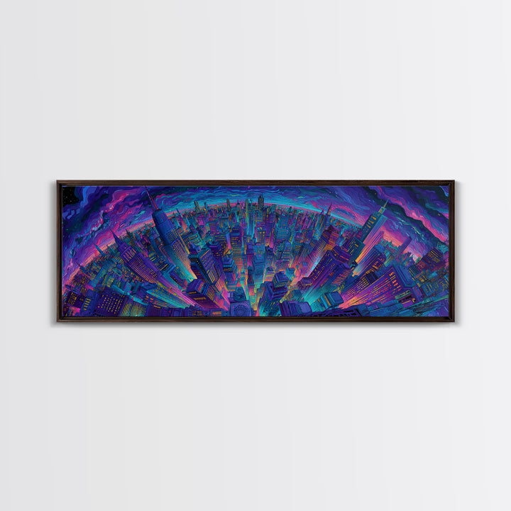 Neon Cyberpunk City Skyline Framed Canvas Print, Futuristic Wall Art, Sci Fi Wall Decor, Gaming Room Art, Urban Home Decor