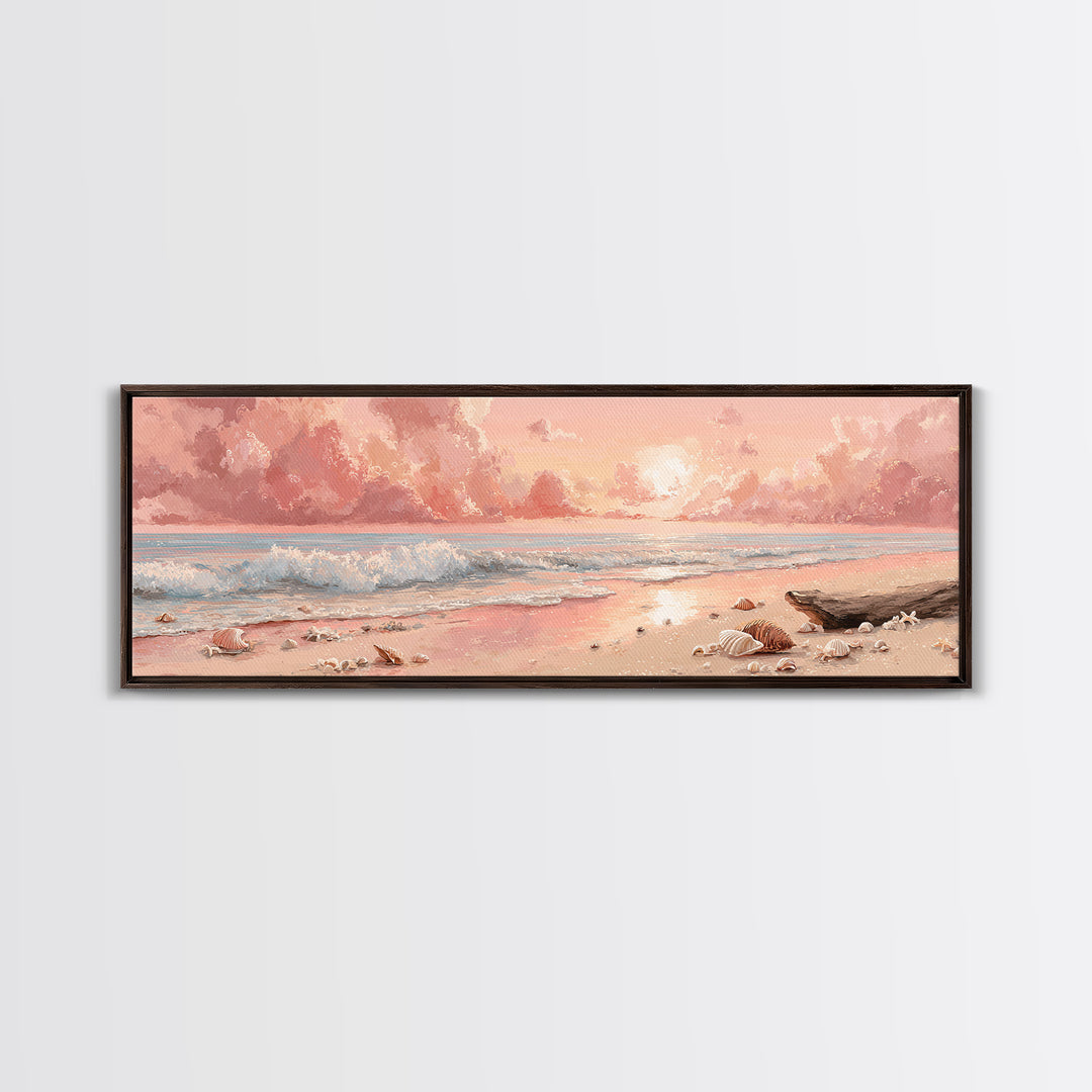 Blush Pink Seashell Beach Sunset Wall Art, Pastel Shore Painting, Coastal Ocean Canvas Decor, Beach House Nursery Decor Gift