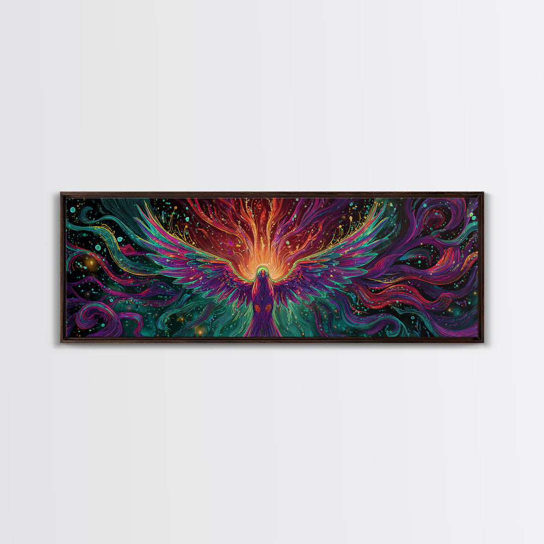 Fiery Rainbow Phoenix Canvas Print, Colorful Fantasy Bird Wall Art, Mythical Creature Decor, Magical Living Room Art, Unique Gift