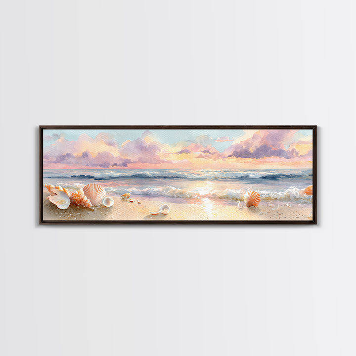 Pastel Seashell Beach Canvas Print, Soft Ocean Wave Shore Painting, Coastal Wall Art, Beach House Bathroom Home Decor Gift