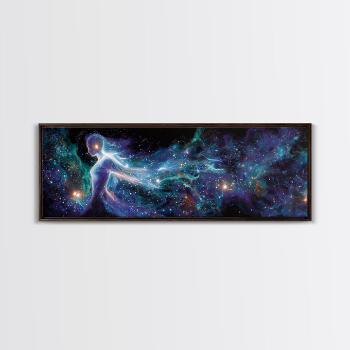 Cosmic Goddess Figure Drifting Through Stars Framed Canvas Print, Celestial Wall Art For Meditation Room Decor And Spiritual Gift