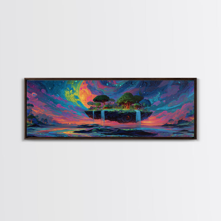 Floating Island Waterfalls Canvas Print, Crescent Moon Fantasy Seascape, Celestial Wall Art For Bedroom Or Living Room Decor
