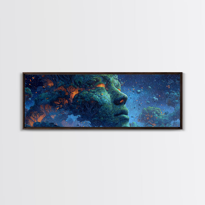 Cosmic Forest Goddess Face Wall Art, Surreal Nature Canvas Print, Mystical Celestial Decor, Psychedelic Large Statement Art