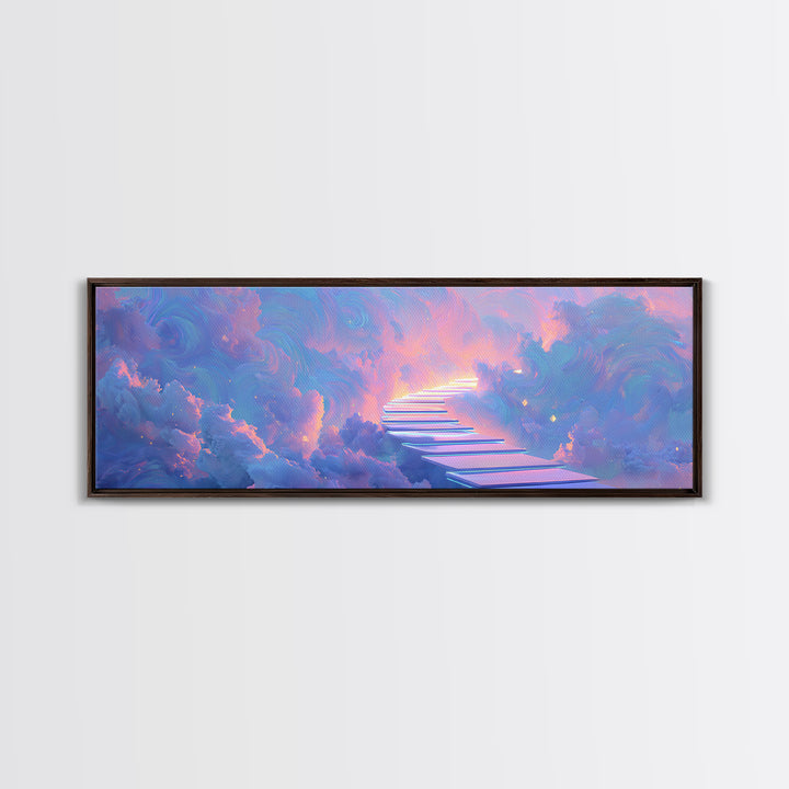 Pastel Stairway To Heaven Framed Canvas Print, Dreamy Cloudscape Wall Art, Fantasy Celestial Bedroom Decor, Gift For Her