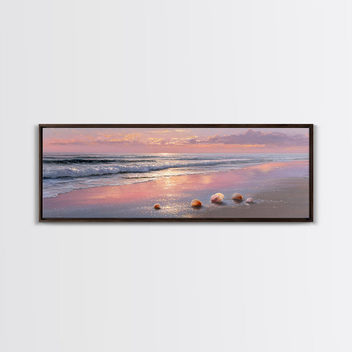 Sunset Ocean Shells Framed Canvas Print, Shimmering Beach Seascape, Coastal Wall Art For Bedroom And Beach House Decor Gift