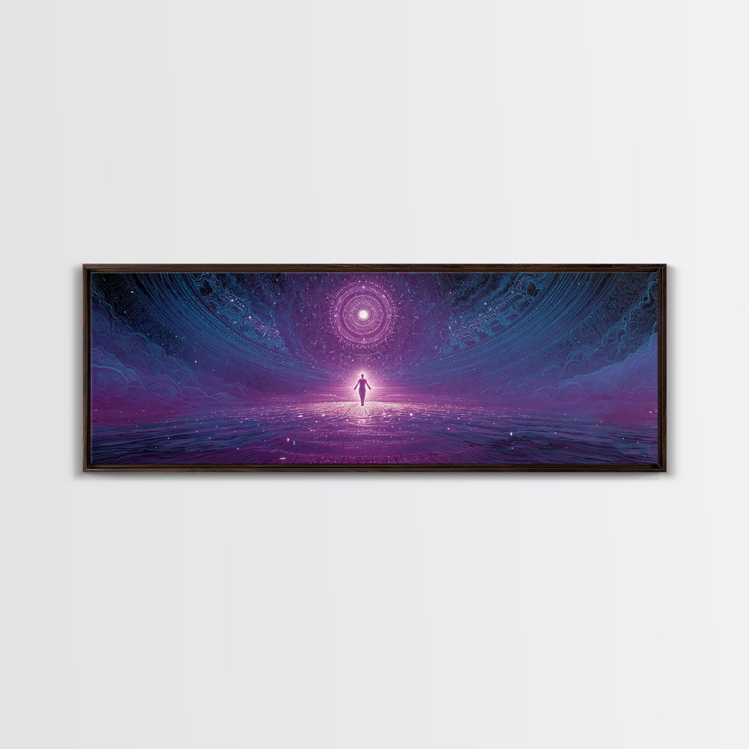 Cosmic Figure Before Celestial Portal Wall Art, Surreal Space Canvas Print, Mystical Purple Meditation Room Decor Gift For Her