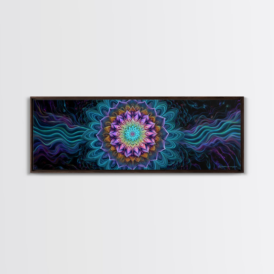 Teal Purple Fractal Mandala Flower Framed Canvas Print, Psychedelic Spiritual Wall Art For Yoga Studio And Meditation Decor