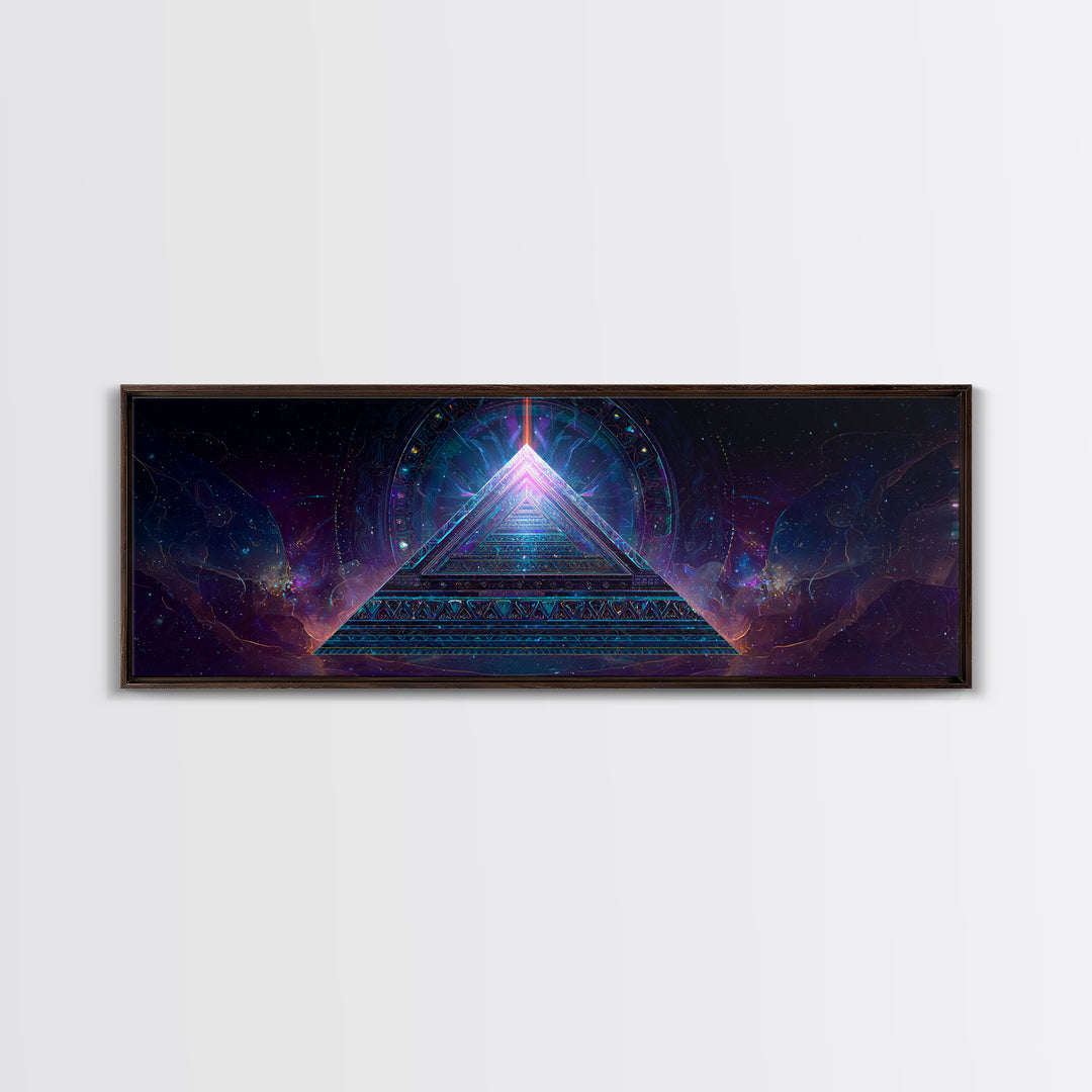 Glowing Sacred Geometry Pyramid Framed Canvas Print, Cosmic Spiritual Wall Art For Meditation Room And Modern Office Decor