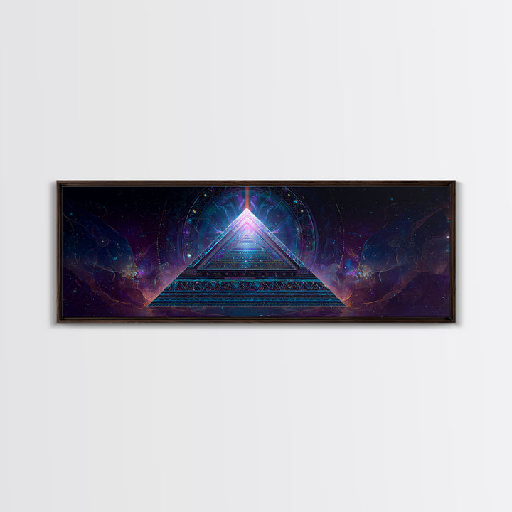 Glowing Sacred Geometry Pyramid Framed Canvas Print, Cosmic Spiritual Wall Art For Meditation Room And Modern Office Decor