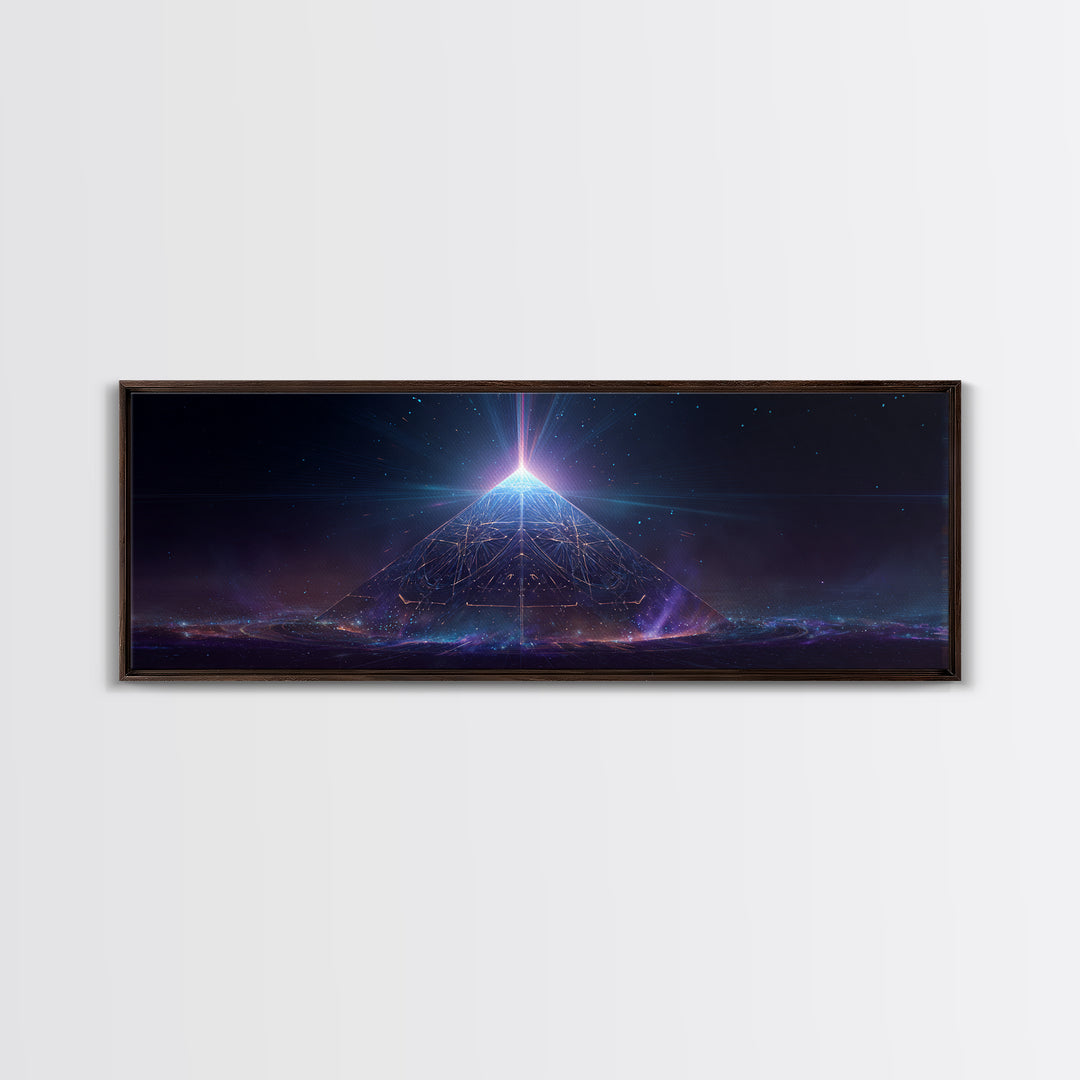 Glowing Cosmic Pyramid Wall Art, Futuristic Celestial Space Print, Mystical Sacred Geometry Decor, Framed Canvas Print For Office Decor