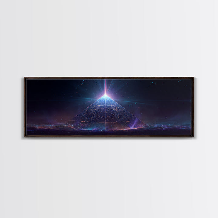 Glowing Cosmic Pyramid Wall Art, Futuristic Celestial Space Print, Mystical Sacred Geometry Decor, Framed Canvas Print For Office Decor