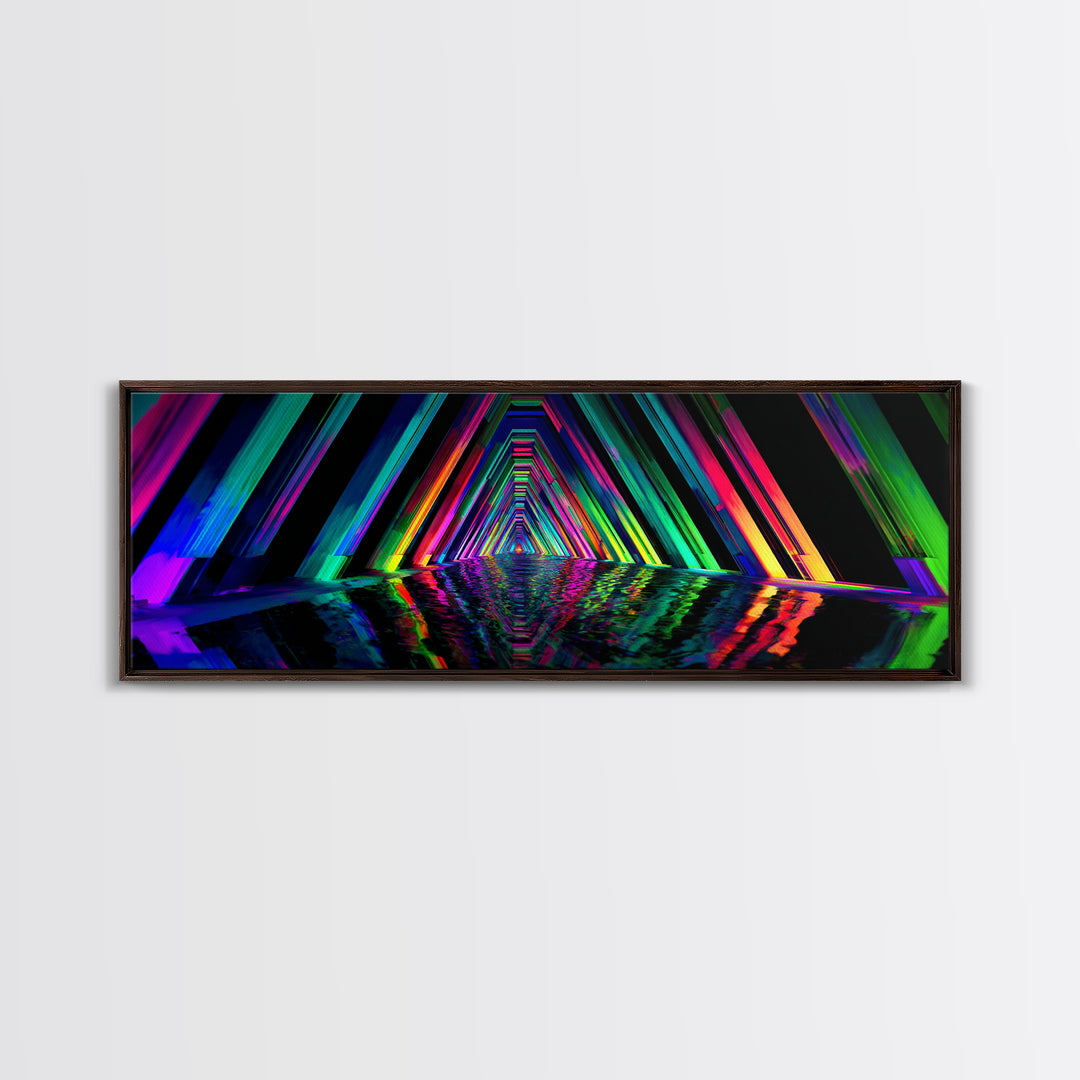 Neon Geometric Tunnel Reflection Canvas Print, Cyberpunk Wall Art, Futuristic Abstract Art, Gaming Room Decor, Vaporwave Poster