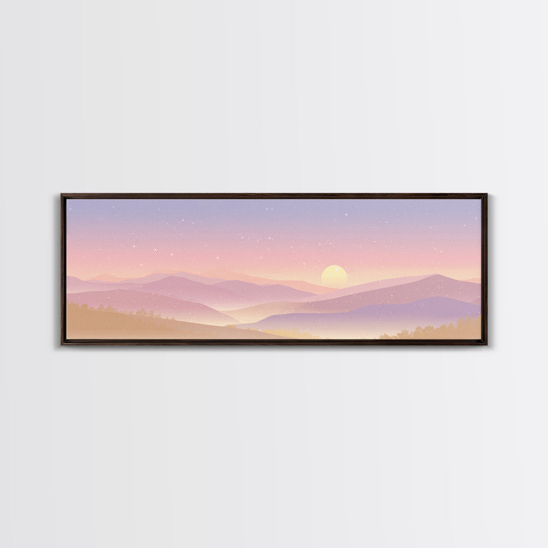Pastel Mountain Moon Wall Art, Minimalist Sunset Landscape, Celestial Nursery Print, Calming Soft Pink Bedroom Home Decor Gift