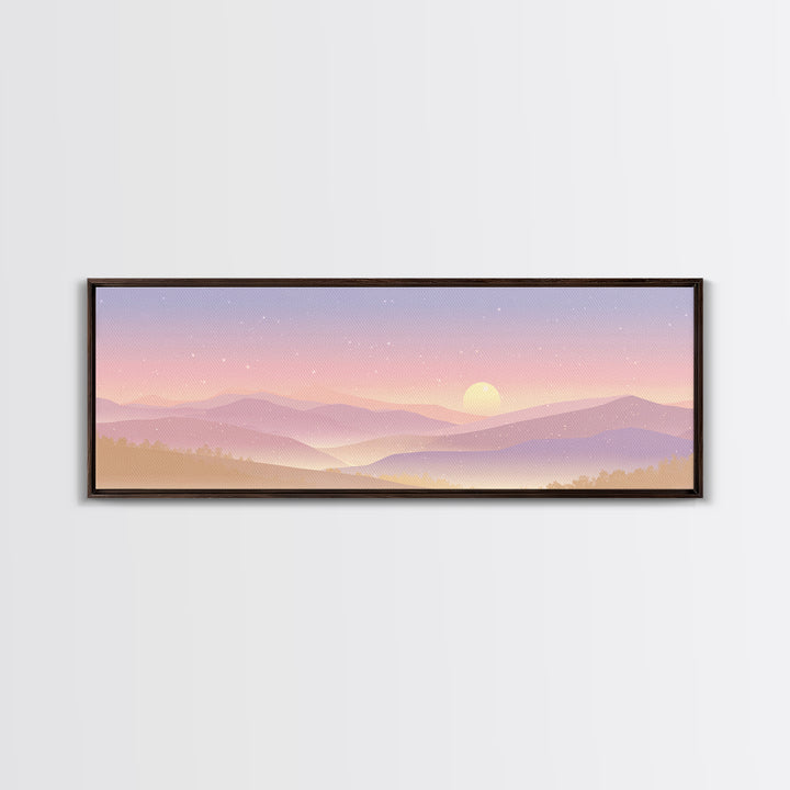 Pastel Mountain Moon Wall Art, Minimalist Sunset Landscape, Celestial Nursery Print, Calming Soft Pink Bedroom Home Decor Gift