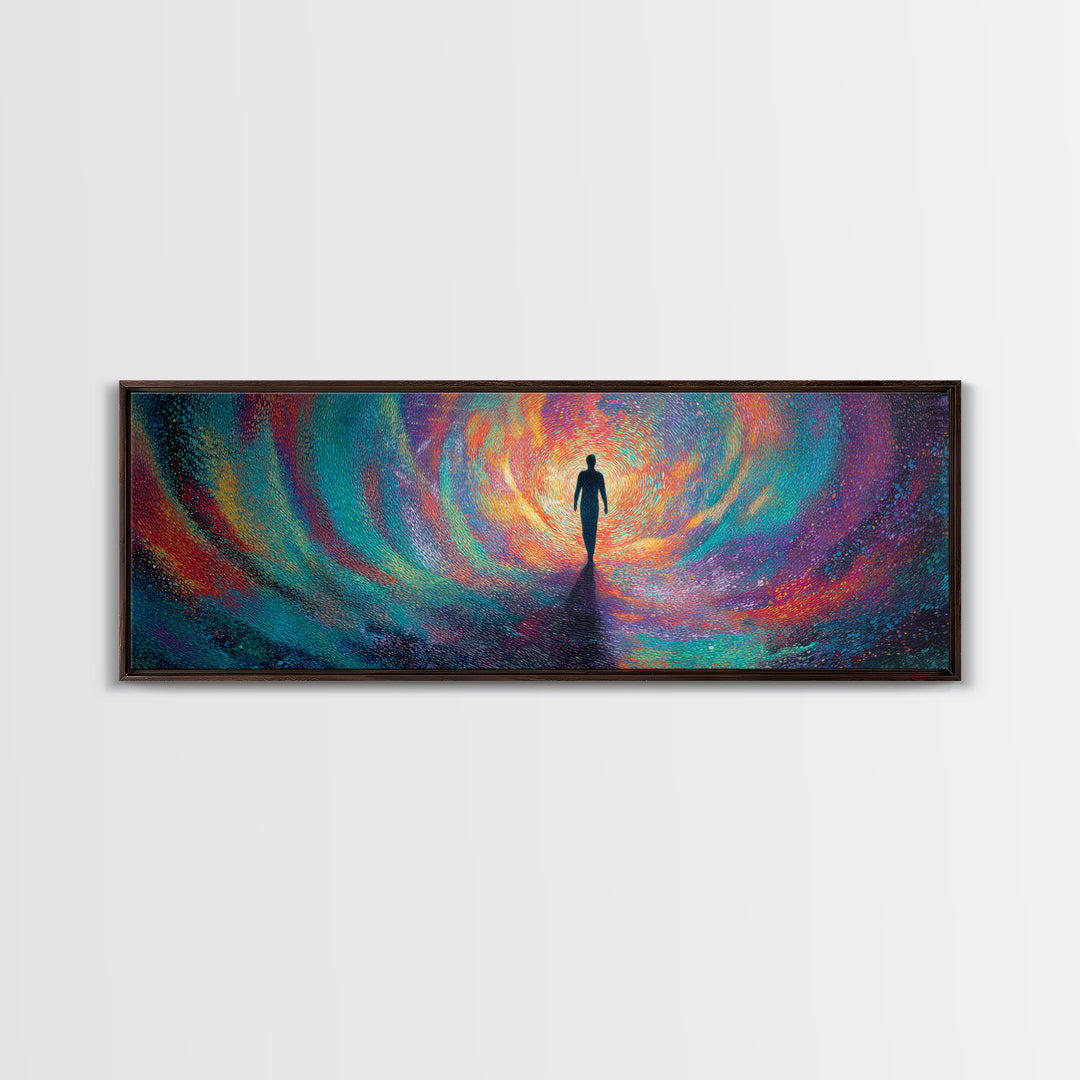 Silhouette Walking Into Rainbow Vortex Wall Art, Abstract Psychedelic Art Print, Meditation Decor, Modern Canvas Print For Living Room