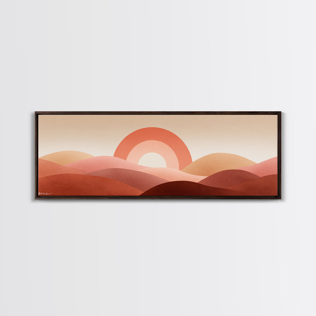 Terracotta Sun And Rolling Hills Canvas Print, Abstract Desert Landscape, Mid Century Modern Wall Art, Warm Earth Tone Decor