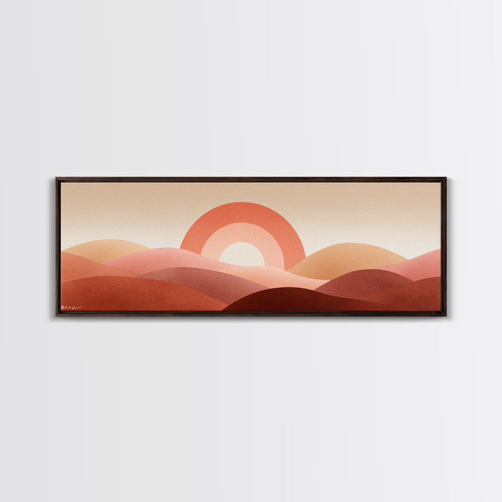 Terracotta Sun And Rolling Hills Canvas Print, Abstract Desert Landscape, Mid Century Modern Wall Art, Warm Earth Tone Decor