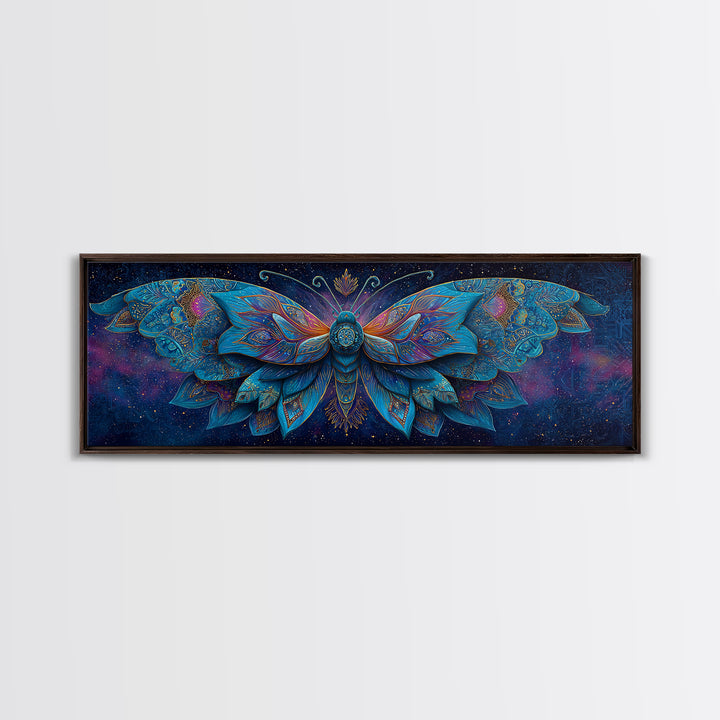 Celestial Blue Moth With Jeweled Wings Framed Canvas Print, Mystical Wall Art For Bedroom Decor And Gift For Her, Boho Celestial Home Decor