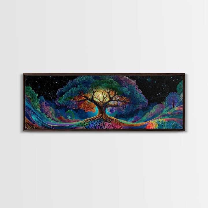 Glowing Tree Of Life Under Starry Sky Framed Canvas Print, Mystical Nature Wall Art For Boho Home Decor And Bedroom Decor