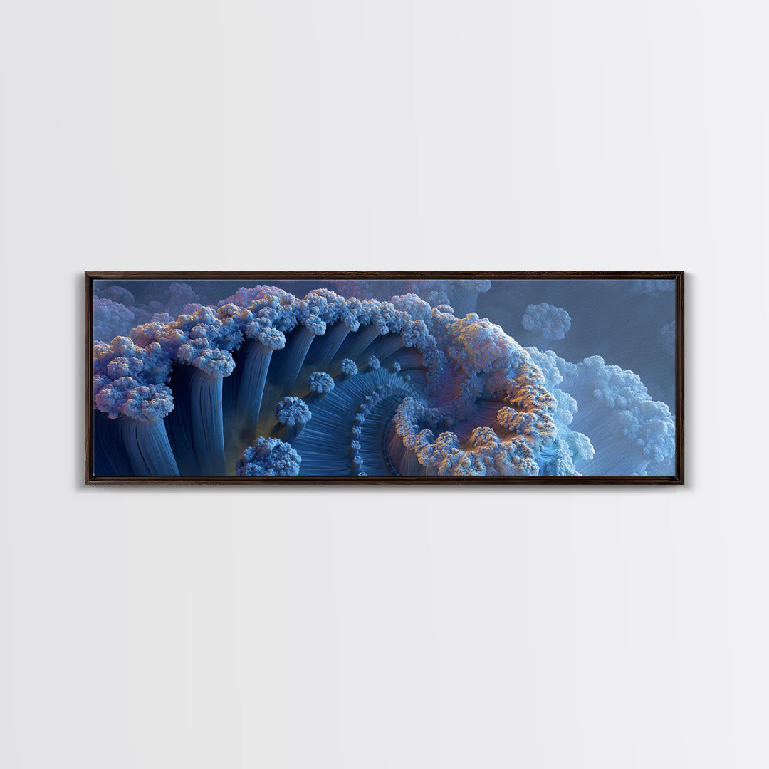 Blue Fractal Ocean Wave And Frozen Spiral Canvas Print, Abstract Seascape Wall Art For Modern Coastal Living Room Home Decor
