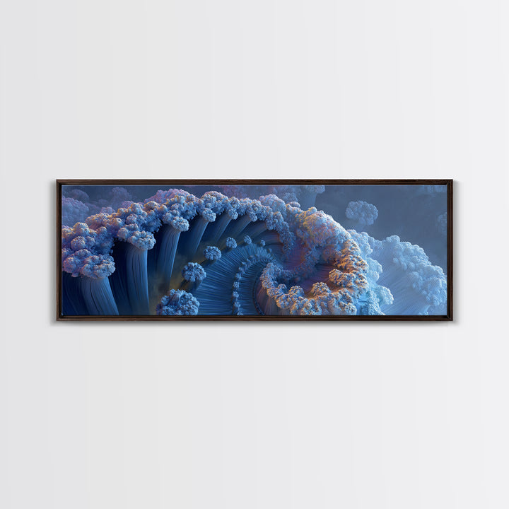 Blue Fractal Ocean Wave And Frozen Spiral Canvas Print, Abstract Seascape Wall Art For Modern Coastal Living Room Home Decor