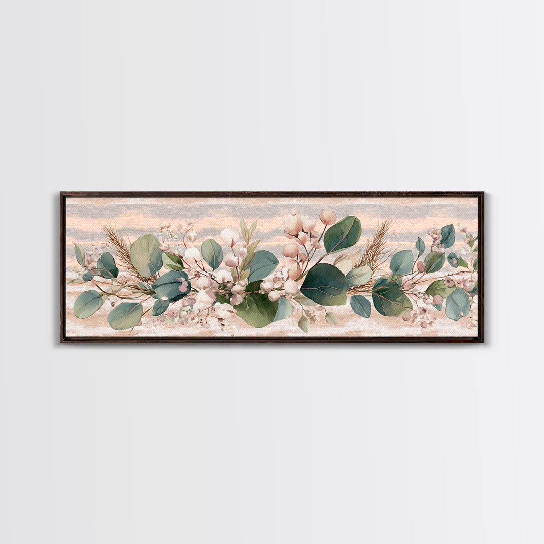 Eucalyptus Cotton Floral Garland Framed Canvas Print, Sage Green Wall Art, Boho Nursery Decor, Farmhouse Home Gift For Her
