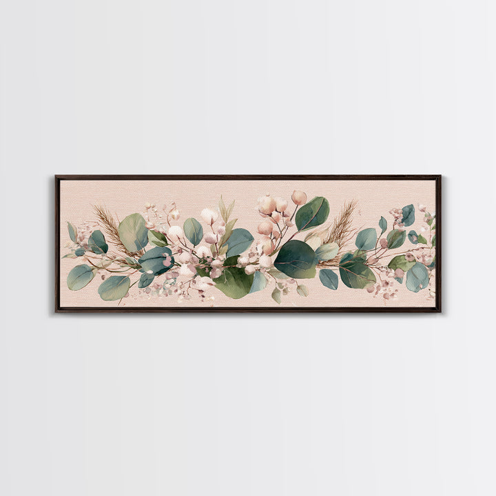 Eucalyptus Cotton Floral Garland Framed Canvas Print, Sage Green Wall Art, Boho Nursery Decor, Farmhouse Home Gift For Her