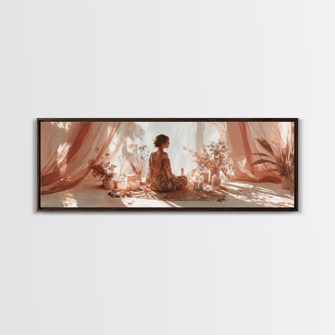 Boho Woman Candle Meditation Wall Art, Blush Drapery Sanctuary, Feminine Bedroom Decor, Spiritual Canvas, Gift For Her Print