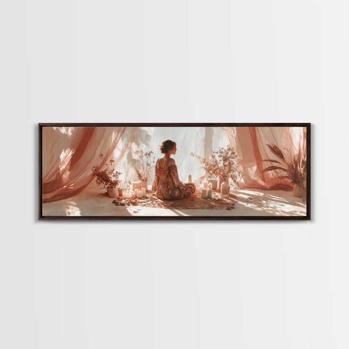 Boho Woman Candle Meditation Wall Art, Blush Drapery Sanctuary, Feminine Bedroom Decor, Spiritual Canvas, Gift For Her Print
