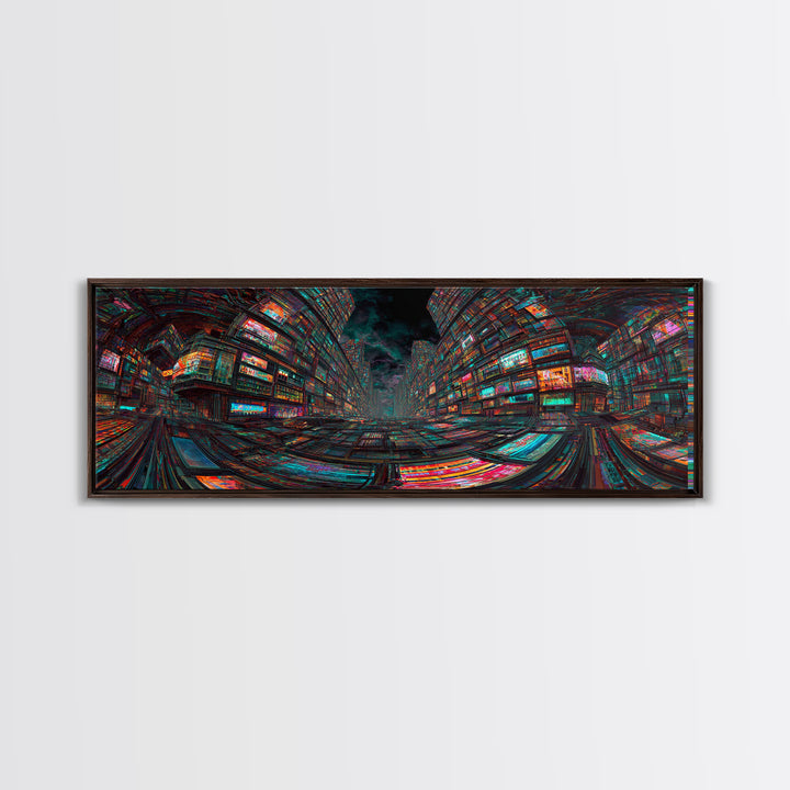 Neon Cyberpunk City With Glitch Streets Framed Canvas Print, Futuristic Wall Art For Gaming Room Decor And Office Decor, Gift For Him