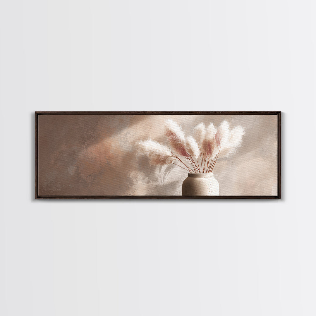 Neutral Pampas Grass Vase Framed Canvas Print, Beige Minimalist Wall Art, Japandi Home Decor, Modern Living Room Decor Print