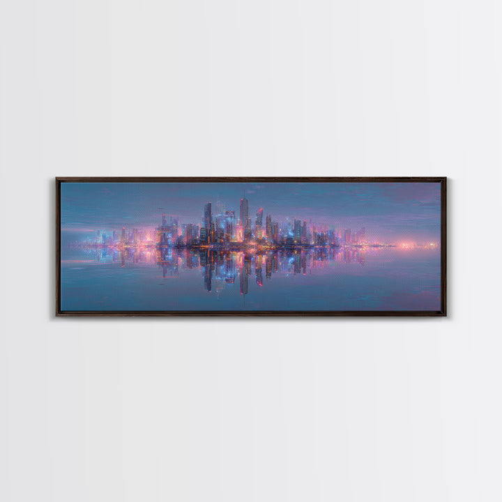 Neon Futuristic Skyline Reflection Wall Art, Panoramic Canvas Print, Cyberpunk Cityscape, Modern Living Room Decor, Large Horizontal Art