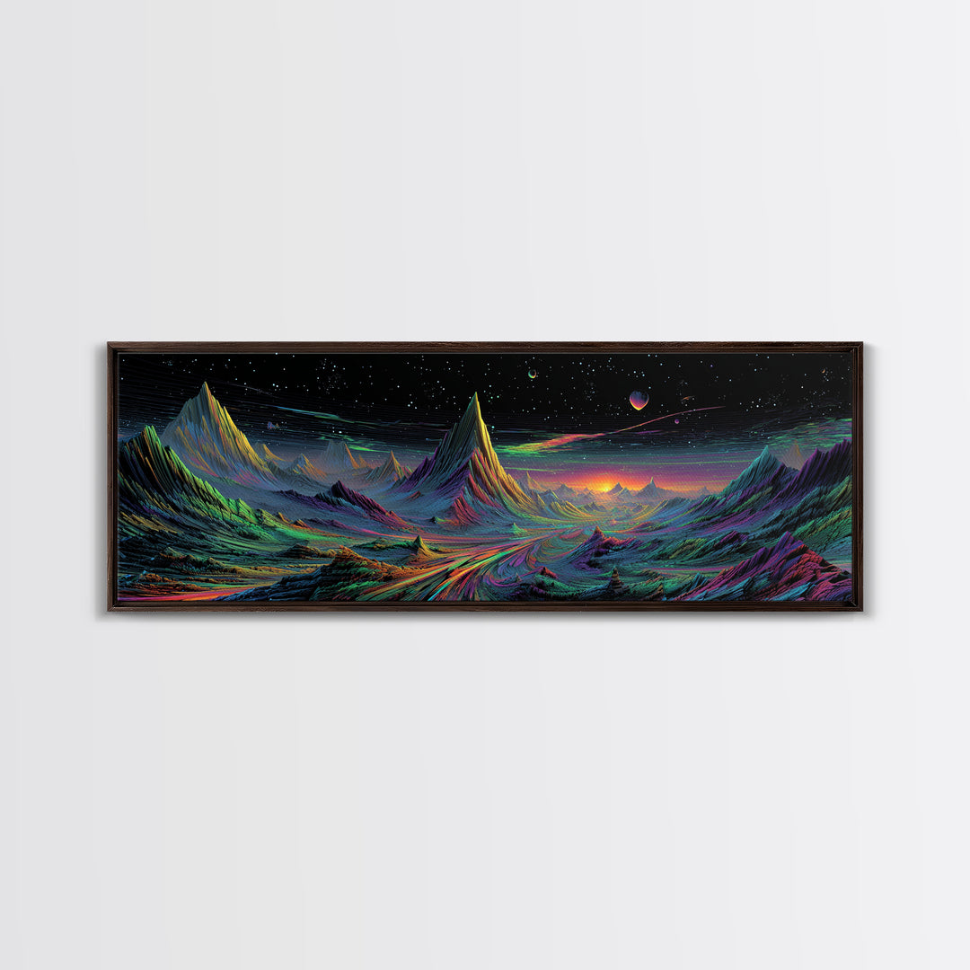 Alien Mountain Road Under Stars Wall Art, Psychedelic Space Landscape, Sci Fi Decor, Panoramic Canvas, Vaporwave Gamer Room Print