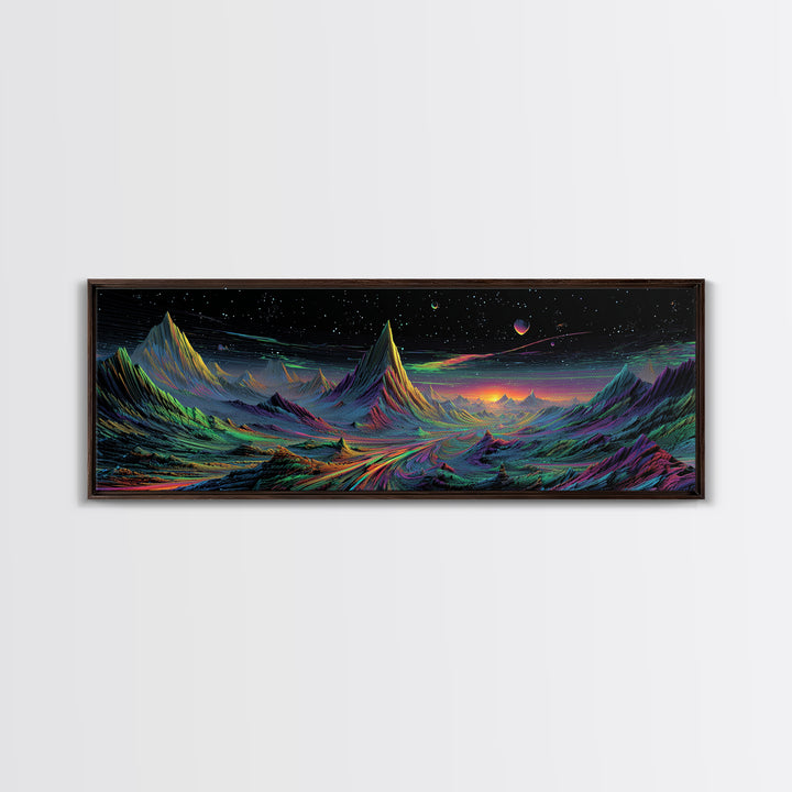 Alien Mountain Road Under Stars Wall Art, Psychedelic Space Landscape, Sci Fi Decor, Panoramic Canvas, Vaporwave Gamer Room Print