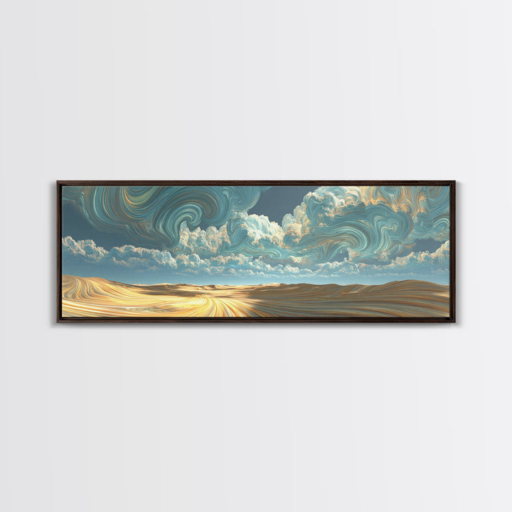 Surreal Golden Desert Under Swirling Clouds Canvas Print, Panoramic Landscape Wall Art For Modern Living Room Decor, Housewarming Gift